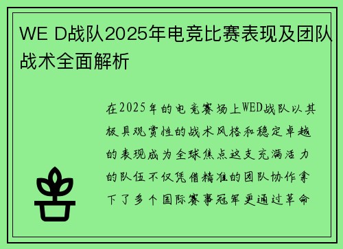 WE D战队2025年电竞比赛表现及团队战术全面解析